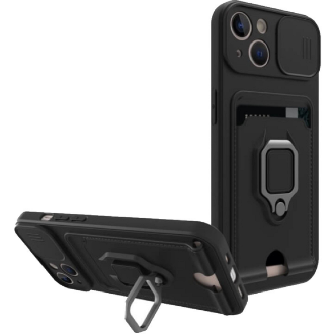 Bodycell Multifunction - Ανθεκτική Θήκη Apple iPhone 14 Plus με Λουράκι Λαιμού / Κάλυμμα Κάμερας / Ring Holder / Υποδοχή Κάρτας - Black