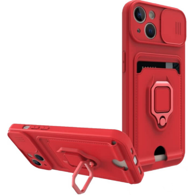 Bodycell Multifunction - Ανθεκτική Θήκη Apple iPhone 14 Plus με Λουράκι Λαιμού / Κάλυμμα Κάμερας / Ring Holder / Υποδοχή Κάρτας - Red