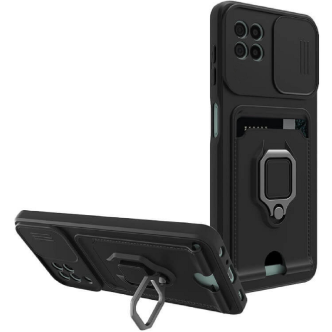Bodycell Multifunction - Ανθεκτική Θήκη Samsung Galaxy A22 5G με Λουράκι Λαιμού / Κάλυμμα Κάμερας / Ring Holder / Υποδοχή Κάρτας - Black 