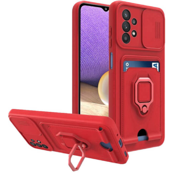 Bodycell Multifunction - Ανθεκτική Θήκη Samsung Galaxy A23 με Λουράκι Λαιμού / Κάλυμμα Κάμερας / Ring Holder / Υποδοχή Κάρτας - Red