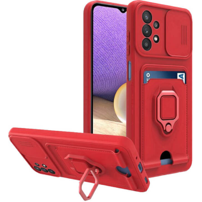 Bodycell Multifunction - Ανθεκτική Θήκη Samsung Galaxy A72 με Λουράκι Λαιμού / Κάλυμμα Κάμερας / Ring Holder / Υποδοχή Κάρτας - Red