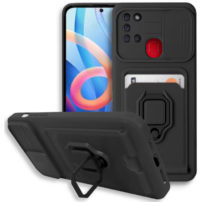 Bodycell Multifunction - Ανθεκτική Θήκη Samsung Galaxy A21s με Λουράκι Λαιμού / Κάλυμμα Κάμερας / Ring Holder / Υποδοχή Κάρτας - Black