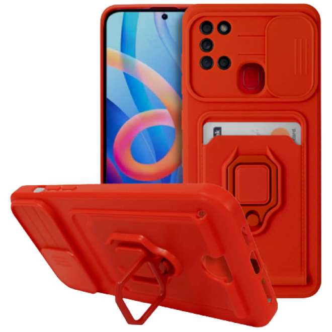 Bodycell Multifunction - Ανθεκτική Θήκη Samsung Galaxy A21s με Λουράκι Λαιμού / Κάλυμμα Κάμερας / Ring Holder / Υποδοχή Κάρτας - Red