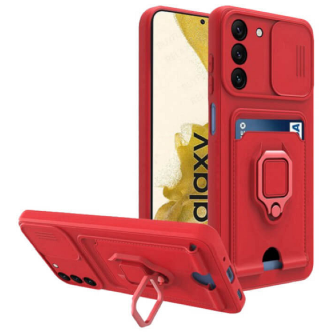 Bodycell Multifunction - Ανθεκτική Θήκη Samsung Galaxy S22 5G με Λουράκι Λαιμού / Κάλυμμα Κάμερας / Ring Holder / Υποδοχή Κάρτας - Red 