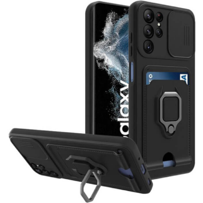 Bodycell Multifunction - Ανθεκτική Θήκη Samsung Galaxy S22 Ultra 5G με Λουράκι Λαιμού / Κάλυμμα Κάμερας / Ring Holder / Υποδοχή Κάρτας - Black