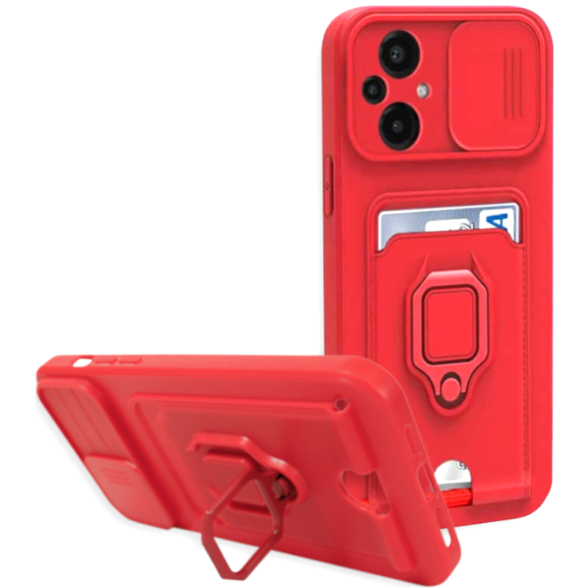 Bodycell Multifunction - Ανθεκτική Θήκη Xiaomi Poco M5 με Λουράκι Λαιμού / Κάλυμμα Κάμερας / Ring Holder / Υποδοχή Κάρτας - Red