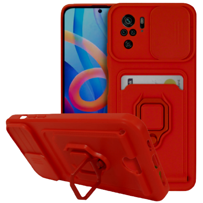 Bodycell Multifunction - Ανθεκτική Θήκη Xiaomi Redmi Note 10 / Note 10S με Λουράκι Λαιμού / Κάλυμμα Κάμερας / Ring Holder / Υποδοχή Κάρτας - Red