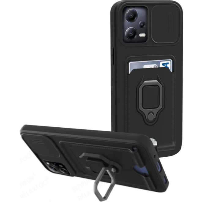 Bodycell Multifunction - Ανθεκτική Θήκη Xiaomi Redmi Note 12 5G / Poco X5 με Λουράκι Λαιμού / Κάλυμμα Κάμερας / Ring Holder / Υποδοχή Κάρτας - Black