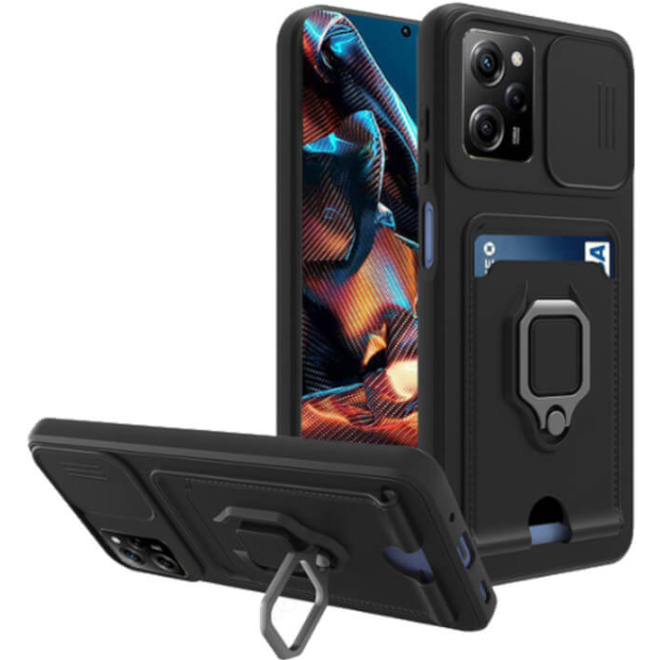 Bodycell Multifunction - Ανθεκτική Θήκη Xiaomi Redmi Note 12 Pro 5G με Λουράκι Λαιμού / Κάλυμμα Κάμερας / Ring Holder / Υποδοχή Κάρτας - Black