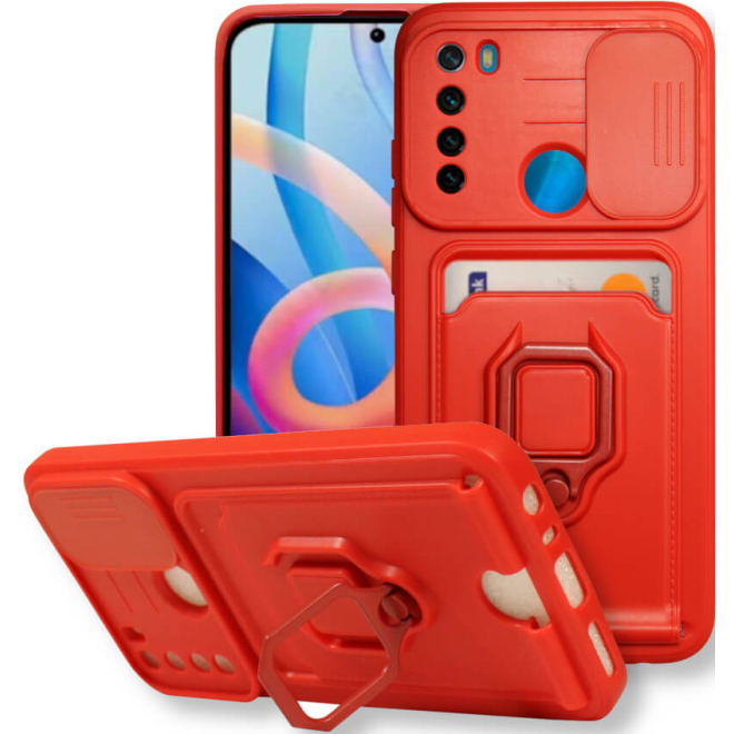 Bodycell Multifunction - Ανθεκτική Θήκη Xiaomi Redmi Note 8 / Note 8 2021 με Λουράκι Λαιμού / Κάλυμμα Κάμερας / Ring Holder / Υποδοχή Κάρτας - Red