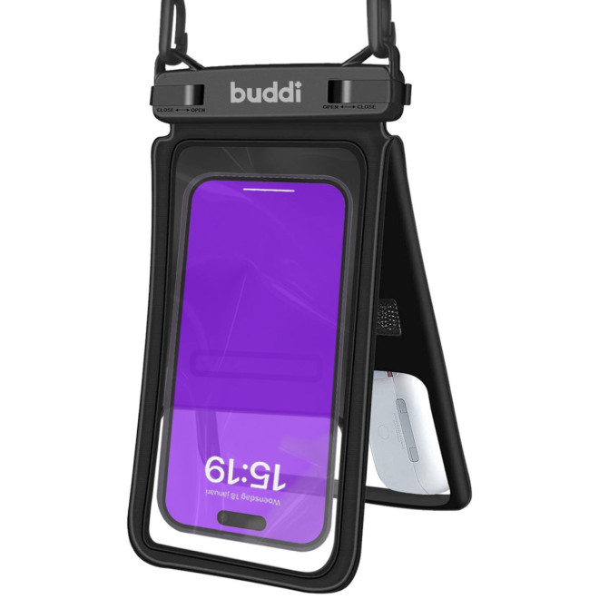 Buddi Universal Waterproof Protective Duo Case - Διπλή Αδιάβροχη Θήκη για Κινητά 15 x 6 cm με Λουράκι Λαιμού - IPX8 - Black - 5 Έτη Εγγύηση