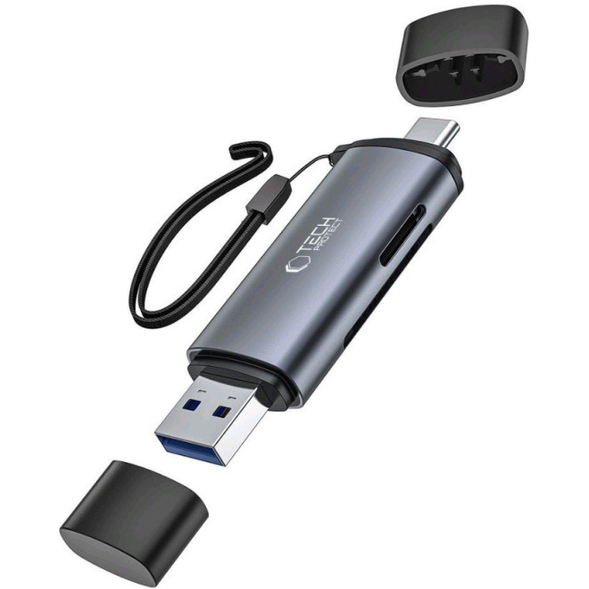 Card Reader Tech-Protect Ultraboost USB-A / Type-C Αναγνώστης Καρτών SD & MicroSD με Λουράκι Χειρός Grey