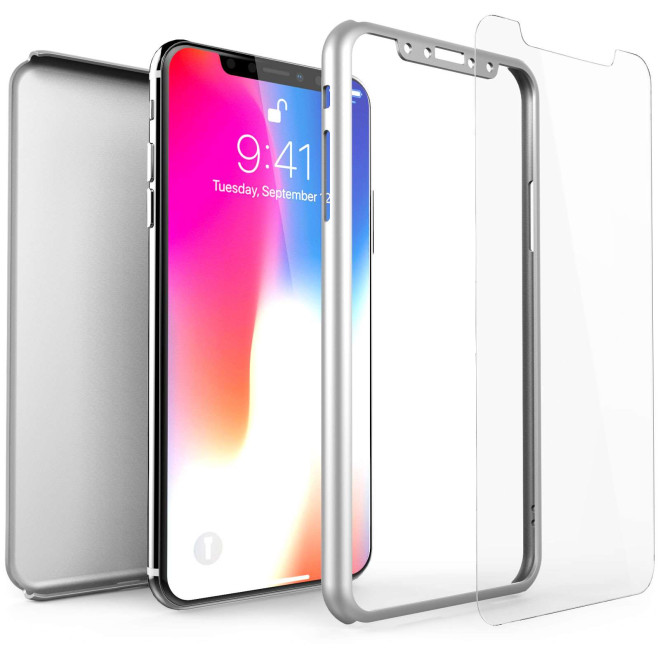 Centopi Θήκη Hybrid 360° iPhone X / XS & Tempered Glass - Silver