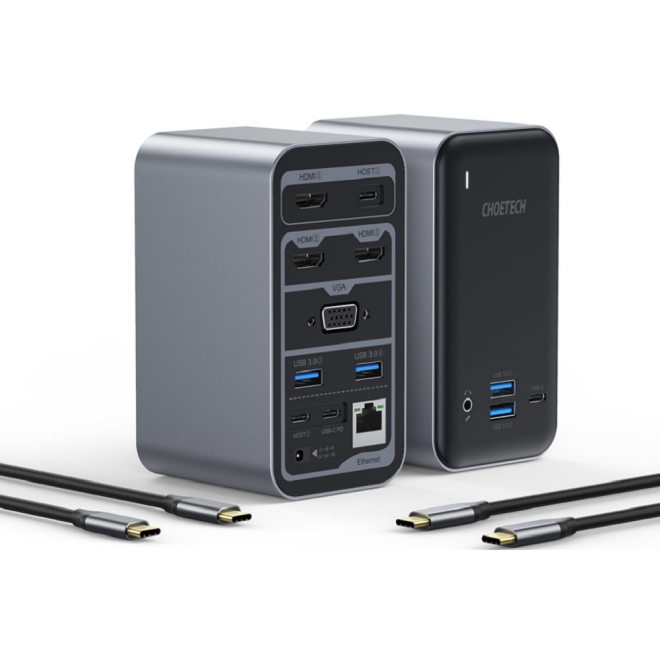 Choetech 15 in 1 Hub Docking Station - Πολυλειτουργικός Αντάπτορας με 4 x USB / 4 x Type-C / 3 x HDMI 4K / 1 x VGA / 1 x Ethernet / 1 x 3.5mm mini Jack / 1 x DC - 100W - Black