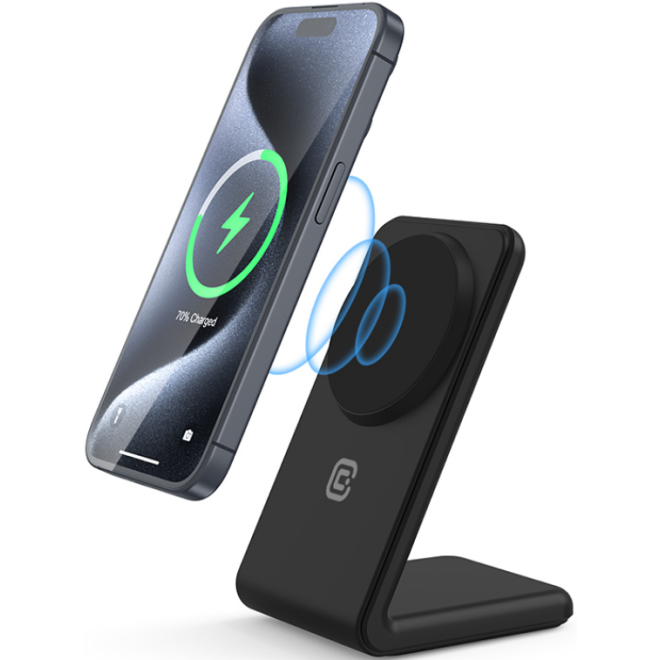 Crong MagSpot Stand 2 in 1 Wireless Charger - Μαγνητική Βάση Ασύρματης Φόρτισης MagSafe για Apple iPhone / AirPods - 7.5W - Shadow Black