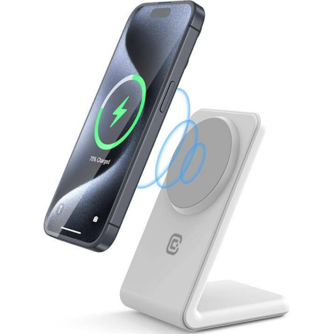Crong MagSpot Stand 2 in 1 Wireless Charger - Μαγνητική Βάση Ασύρματης Φόρτισης MagSafe για Apple iPhone / AirPods - 7.5W - White