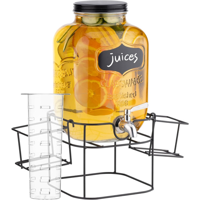 Διανεμητής Ποτού Navaris Drink Dispenser Γυάλινος με Ένθετο για Φρούτα & Μεταλλική Βάση με Ποτηροθήκες 5L Clear / Black