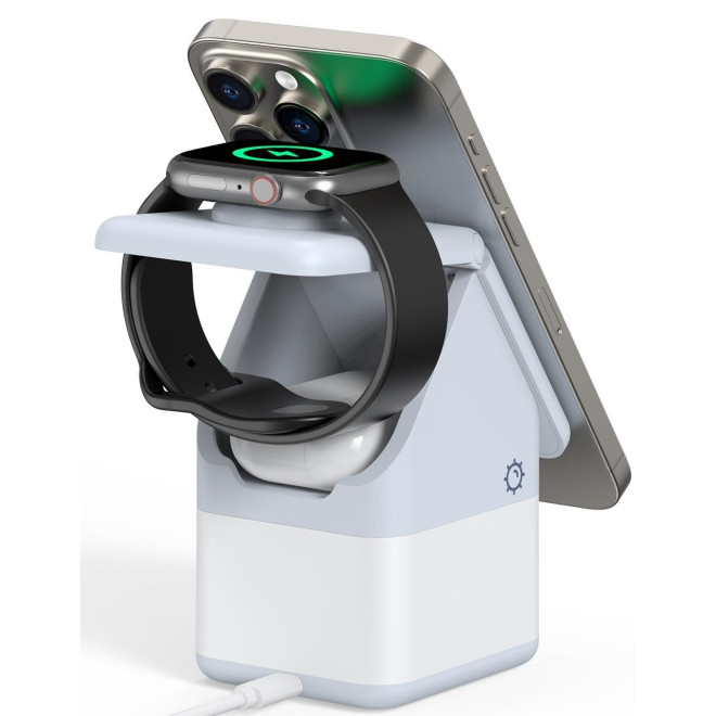 Duzzona W20 4-in-1 Magnetic Wireless Charger - Μαγνητική Βάση Ασύρματης Φόρτισης MagSafe για Apple iPhone / AirPods / Apple Watch με Φωτάκι Νυκτός - 15W - Blue