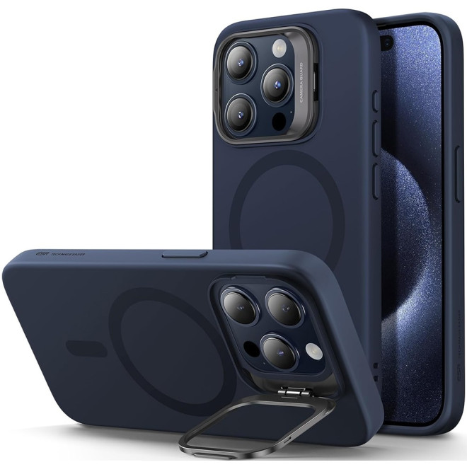 ESR Cloud Soft with Stash Stand - Ανθεκτική MagSafe Θήκη Σιλικόνης Apple iPhone 15 Pro με Kickstand - Dark Blue