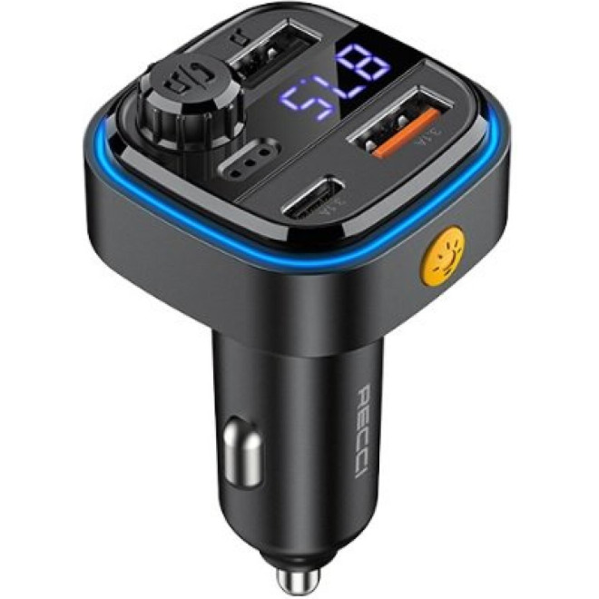 Φορτιστής Αυτοκινήτου Recci RQ08 με Bluetooth FM Transmitter / USB για Μουσική / RGB Φωτισμό & Θύρες 2 x USB-A / 1 x Type-C 15W Black