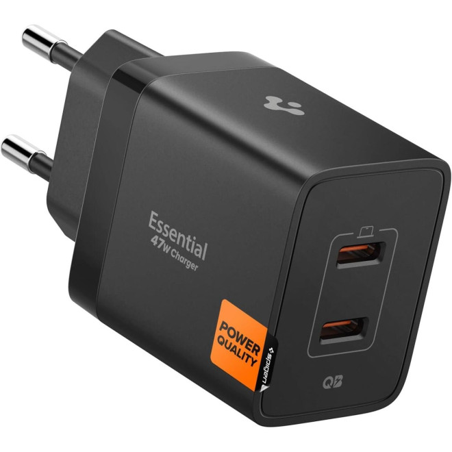 Φορτιστής Spigen EE472EU Essential Wall Charger GaN Γρήγορος Ταξιδιού / Αντάπτορας με 2 x Type-C 47W Black