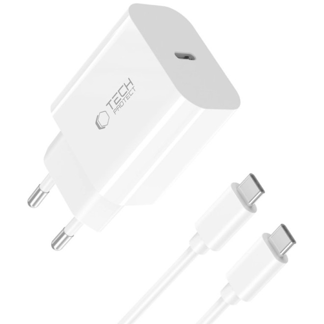 Φορτιστής Tech-Protect NC20W Αντάπτορας με 1 x Type-C 20W & 1 x Καλώδιο Type-C σε Type-C 100cm White