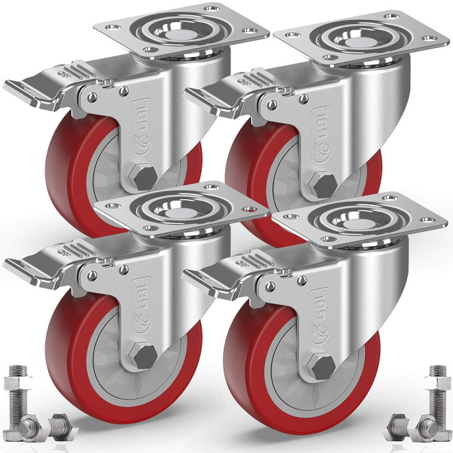 GBL Castor Wheels for Furniture R3-100mm - Αθόρυβα Περιστρεφόμενα Ροδάκια Βαρέως Τύπου με Φρένα για Έπιπλα - 600 Kg Φορτίο - Διάμετρος Τροχού 100mm - 4 Τεμάχια - Red / Silver