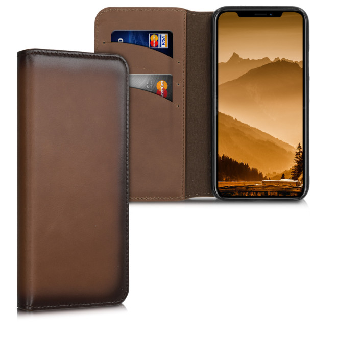 Kalibri Δερμάτινη Suede Θήκη - Πορτοφόλι Apple iPhone XS - Vintage Brown