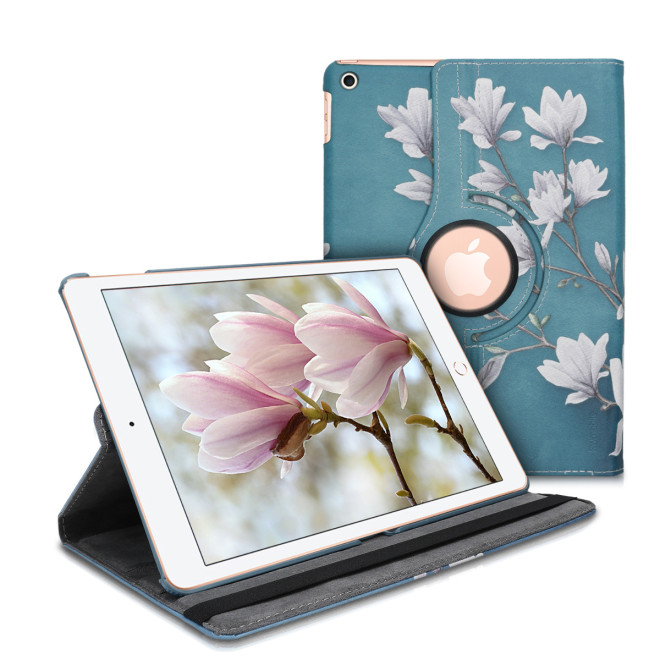 KW Θήκη 360° Apple iPad 7 / 8 / 10.2" 2019 / 2020  - PU Leather Protective Tablet Cover - Magnolias - Taupe / White / Blue Grey