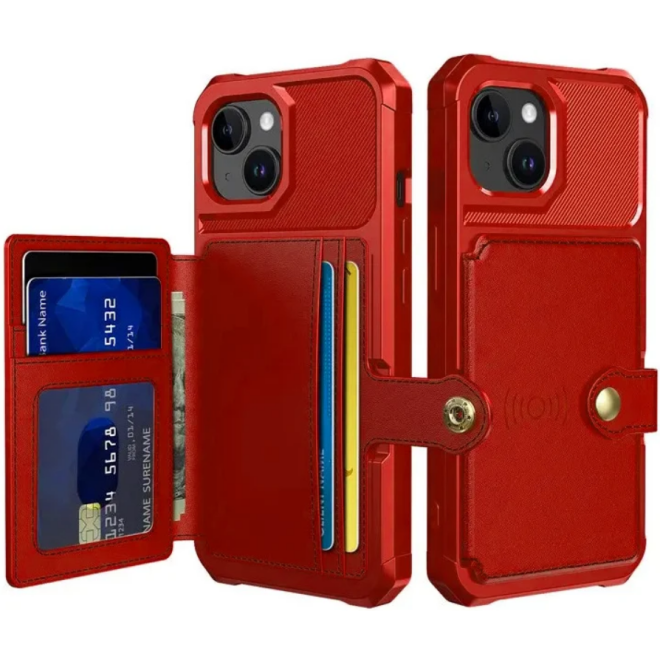 HappyCase 3 σε 1 - Θήκη Σιλικόνης με Ενσωματωμένο PU Πορτοφόλι - Apple iPhone 15 Plus - Red