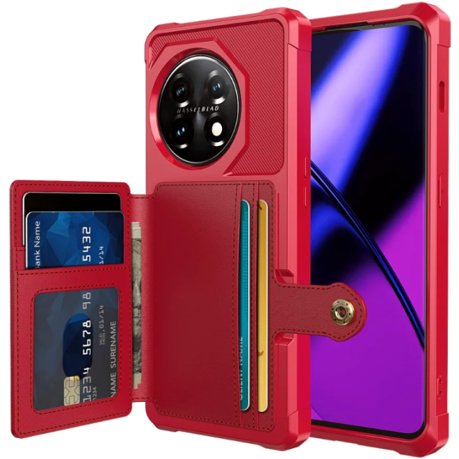 HappyCase 3 σε 1 - Θήκη Σιλικόνης με Ενσωματωμένο PU Πορτοφόλι - OnePlus 11 - Red