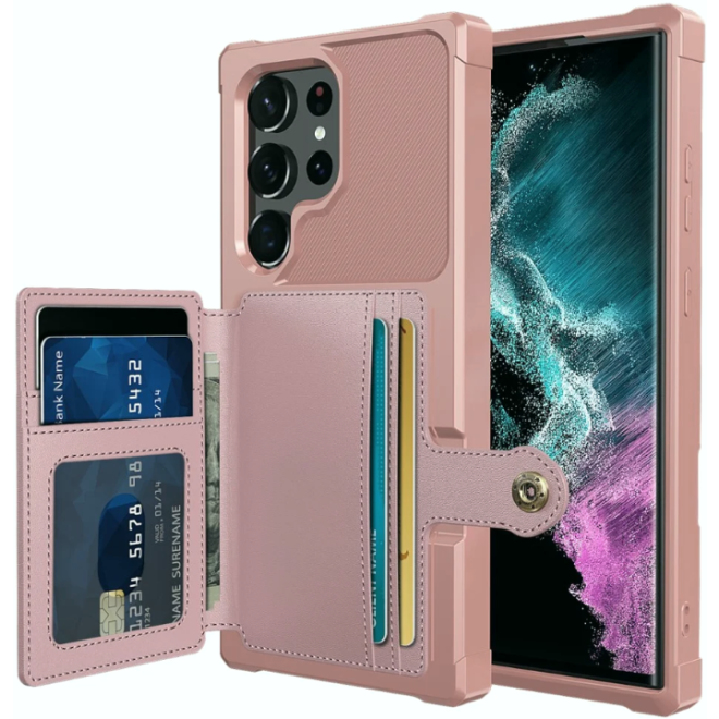 HappyCase 3 σε 1 - Θήκη Σιλικόνης με Ενσωματωμένο PU Πορτοφόλι - Samsung Galaxy S23 Ultra - Pink 