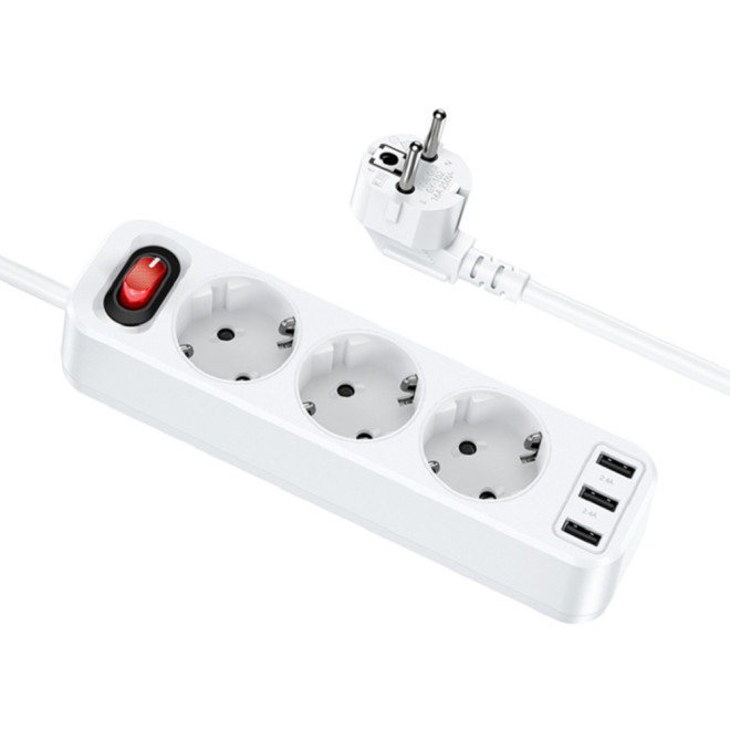 Hoco Extention Cord NS2 - Πολύπριζο με 3 Υποδοχές και 3 x USB-A 2.4Α με Διακόπτη - 180cm - EU - White - 5 Έτη Εγγύηση 