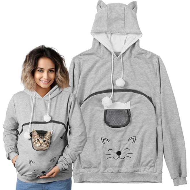 Homelevel Hoodies with Pet Pocket - Φούτερ με Μπροστινή Τσέπη Καγκουρό με Φερμουάρ για Μεταφορά Κατοικίδιων & Κουκούλα με Αυτιά - Medium - Grey