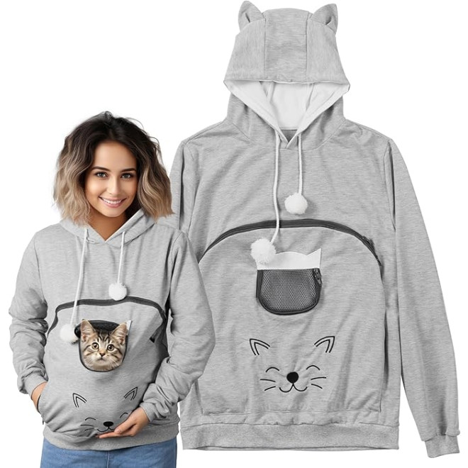 Homelevel Hoodie with Pet Pocket - Φούτερ με Μπροστινή Τσέπη Καγκουρό με Φερμουάρ για Μεταφορά Κατοικίδιων & Κουκούλα με Αυτιά - Small - Grey