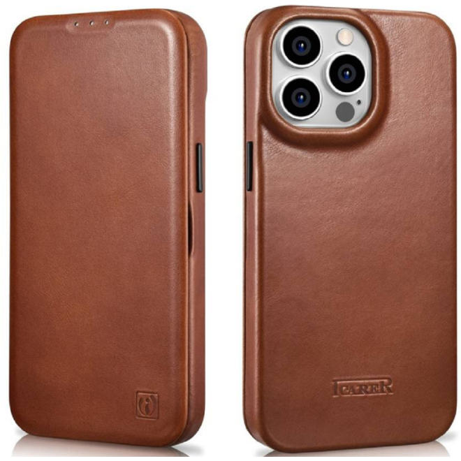 iCarer Curved Edge Oil Wax Leather Folio - Δερμάτινη Flip Θήκη-Πορτοφόλι MagSafe - Apple iPhone 14 Pro Max - Brown