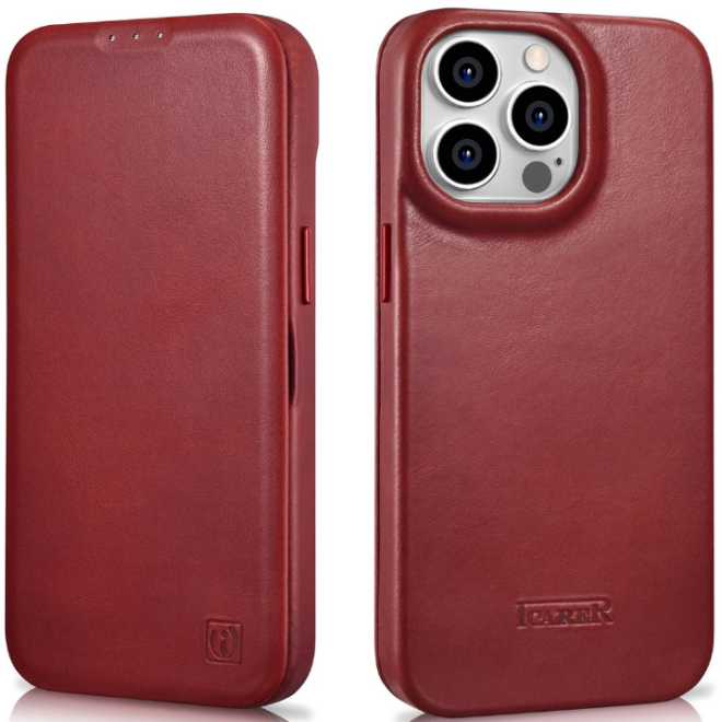 iCarer Curved Edge Oil Wax Leather Folio - Δερμάτινη MagSafe Flip Θήκη-Πορτοφόλι - Apple iPhone 14 Pro Max - Red