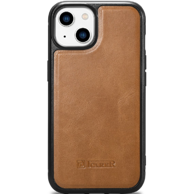 iCarer Oil Wax Leather Cover - Δερμάτινη Θήκη με TPU Bumper - Apple iPhone 14 - Camel Tan