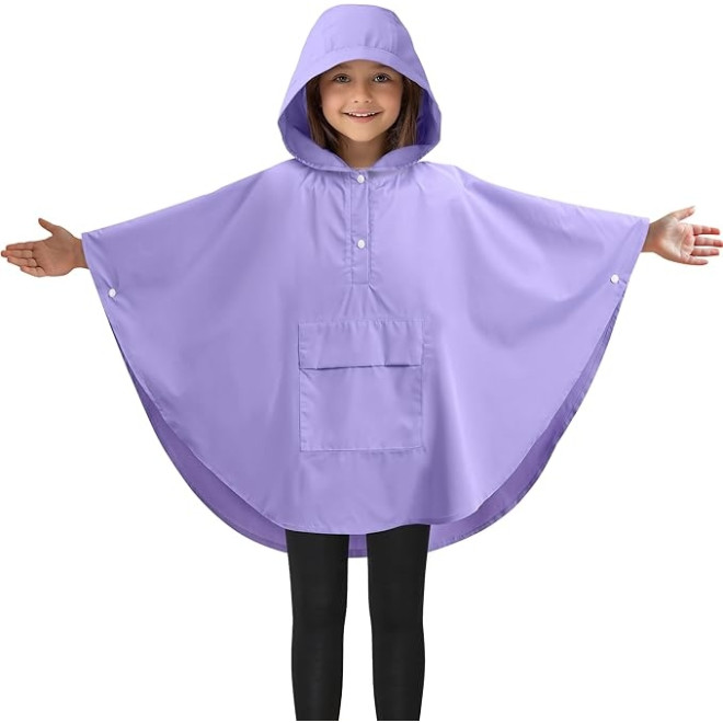 Jemidi Rain Poncho - Unisex Αδιάβροχο Πόντσο με Κουκούλα & Θήκη Μεταφοράς για Παιδιά 11 έως 15 ετών - Large - Purple