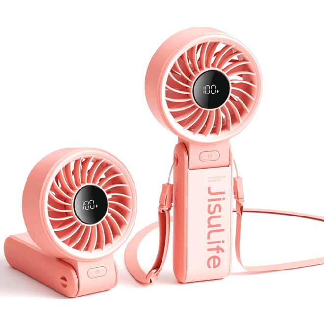 JisuLife Handheld Fan Life7 - Φορητό Επαναφορτιζόμενο Ανεμιστηράκι Χειρός / Γραφείου με Ψηφιακή Οθόνη LED & Λουράκι Λαιμού - 3600mAh - Pink