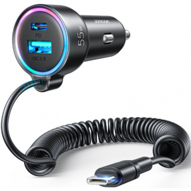 Joyroom JR-CL07 3 in 1 Wired Car Charger - Γρήγορος Φορτιστής Αυτοκινήτου με 1 x USB-A / 1 x Type-C / 1 x Ενσωματωμένο Καλώδιο Type-C 150cm - 55W - Black