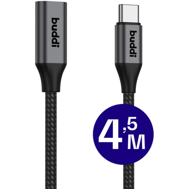 Καλώδιο Buddi Flex Extension Cable Επέκτασης Type-C (Male) σε Type-C (Female) 60W 450cm 5 Έτη Εγγύηση Black