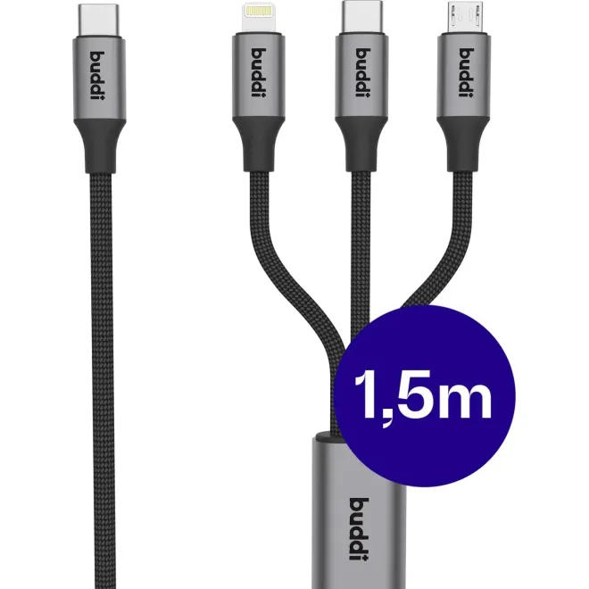 Καλώδιο Type-C Buddi Flex 3 in 1 Φόρτισης & Μεταφοράς Δεδομένων σε Type-C 60W / Lightning 10W / MicroUSB 10W 150cm Black