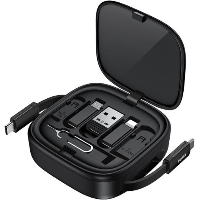 Καλώδιο Type-C Recci Retractable Πτυσσόμενο RS36T 4 in 1 Φόρτισης & Μεταφοράς Δεδομένων με KickStand σε Type-C / Lightning / USB-A / MicroUSB 65W 100cm Black