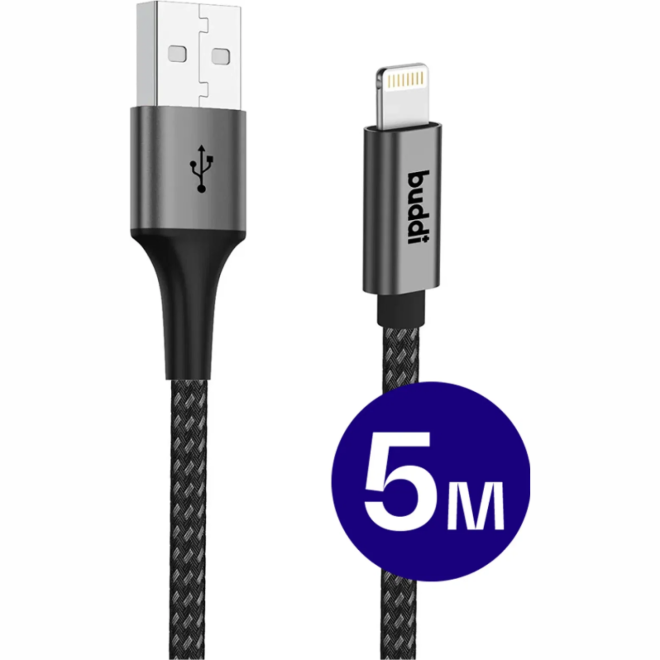 Καλώδιο USB-A Buddi Flex Φόρτισης & Μεταφοράς Δεδομένων σε Lightning 500cm 12W 5 Έτη Εγγύηση Black