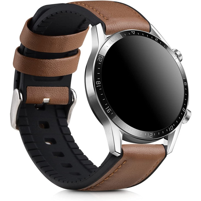 KW Δερμάτινο Λουράκι (22mm) με Σιλικόνη - Huawei Watch GT / GT2 46mm - Brown / Black 