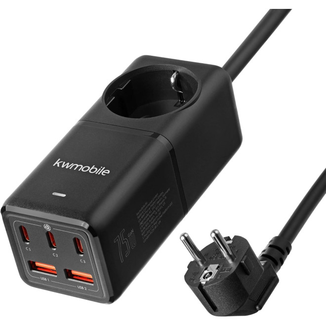 KW Desktop Power Strip EU GaN Charger - Μονόπριζο με 1 x Υποδοχή AC 4000W με Καλώδιο 150cm / Ταχυφορτιστής με 2 x USB-A / 3 x Type-C - 75W - Black