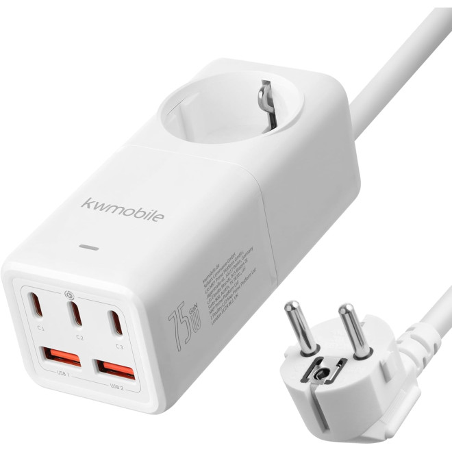 KW Desktop Power Strip EU GaN Charger - Μονόπριζο με 1 x Υποδοχή AC 4000W με Καλώδιο 150cm / Ταχυφορτιστής με 2 x USB-A / 3 x Type-C - 75W - White