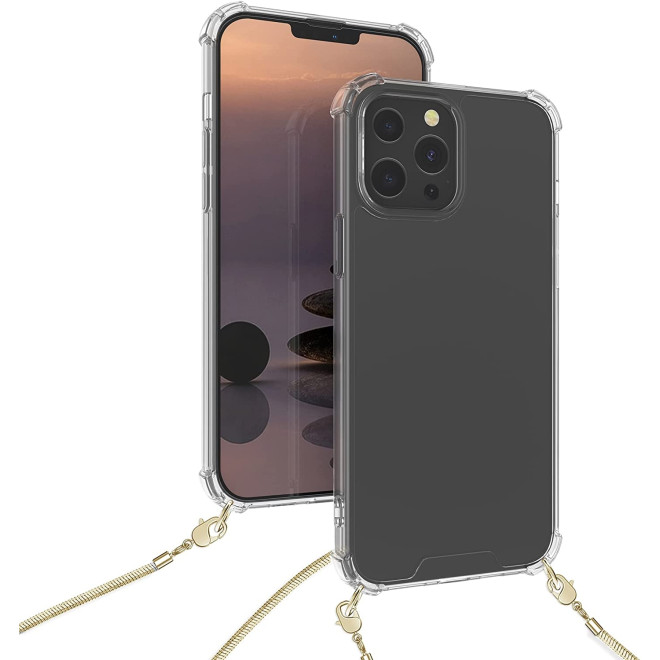 KWmobile Διάφανη Θήκη Σιλικόνης με Μεταλλικό Λουράκι Λαιμού Apple iPhone 13 Pro Max - Gold / Transparent