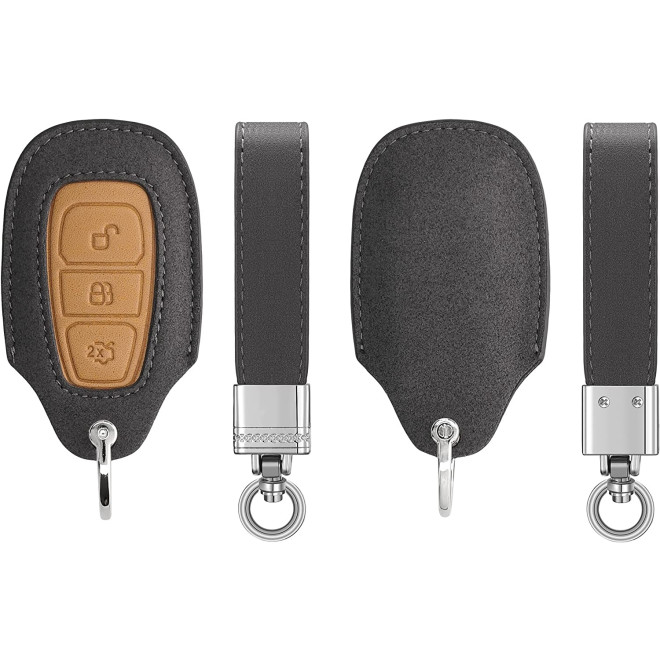 KW Mixed PU Leather Θήκη Κλειδιού Ford - 3 Κουμπιά - Keyless Go - Grey / Brown
